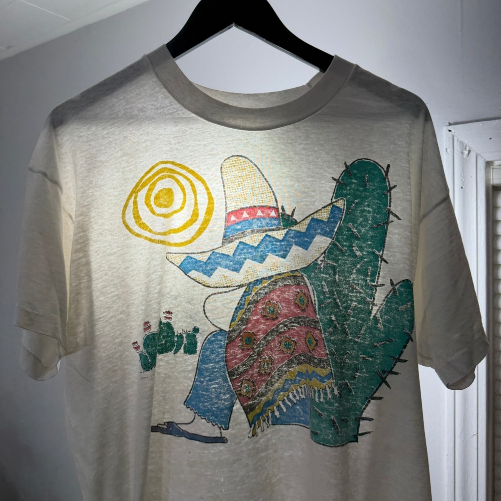 Vintage Mexican Siesta Cactus Shirt Mens XL White 90s Thin Graphic Single Stitch